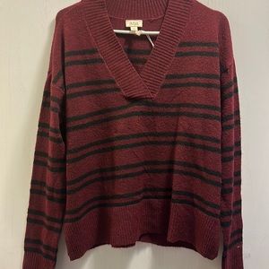 NWT A.N.A Stripe V-Neck Sweater Wine Black M